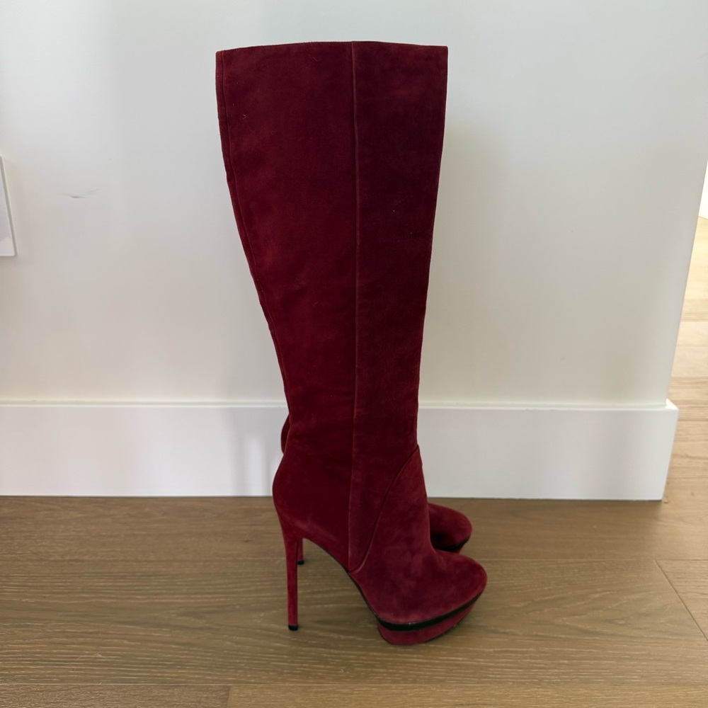 Red High-Heeled Knee-High Boots